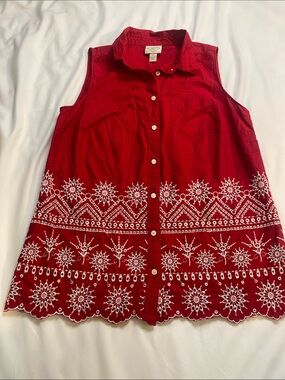 St. John's Bay Red Sleeveless Button-Down Top with White Embroidery